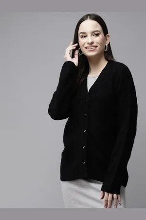 Cayman Women Black Self Design Woollen Cardigan