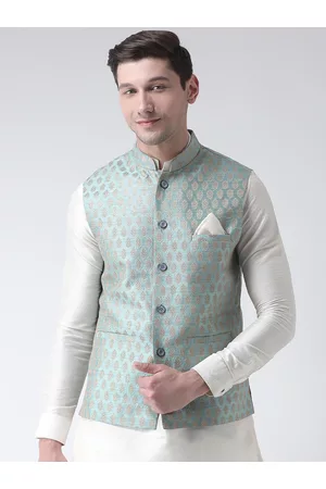 DEYANN Men Turquoise Blue & Silver-Colored Woven Design Nehru Jacket