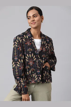 Fabindia Women Black & Brown Printed Tailored Jacket