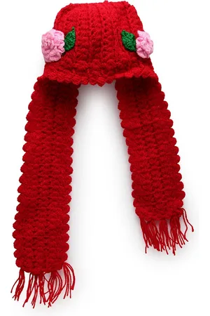 CHUTPUT Unisex Kids Red & Green Self Design Pure Wool Hand Knitted Crochet Beanie