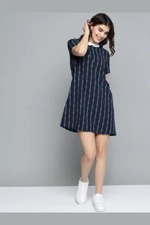 Mast & Harbour Women Navy Blue & White Striped A-Line Dress