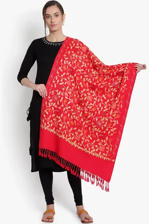 Mizash Women Red & Gold Embroidered Shawl
