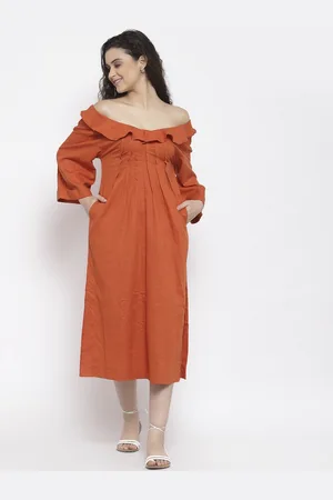 iki chic Orange Off-Shoulder A-Line Midi Dress