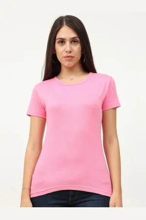 Fleximaa Women Pink Solid Round Neck Short Sleeves T-Shirt