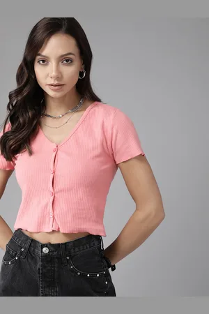 Roadster Pink Solid Ribbed Crop Top