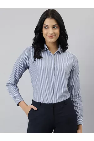 English Navy Women Blue Relaxed Striped Formal Shirt