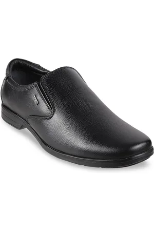 Metro Men Black Solid Leather Formal Slip-On Shoes