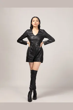 20Dresses Black V Neck Faux Leather Solid Playsuit