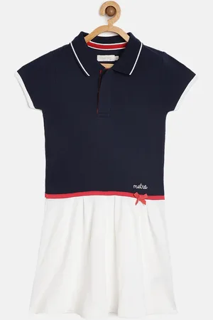 METRO KIDS COMPANY Girls Navy Blue & White Colourblocked Organic Cotton Dress