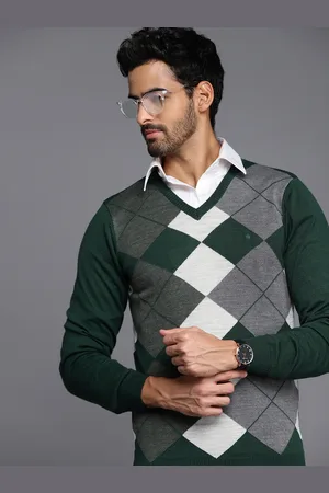 Louis Philippe Men Green & White Checked Pullover