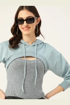 DressBerry Women Blue Hooded Solid Crop Sweatshirt