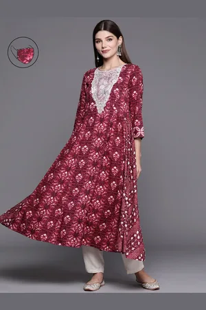 Biba Women Magenta Ethnic Motifs Printed Kurta with Mask