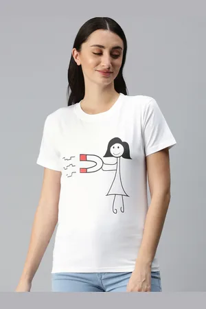 BRATMA Women White & Black Conversational Printed Pure Cotton T-shirt