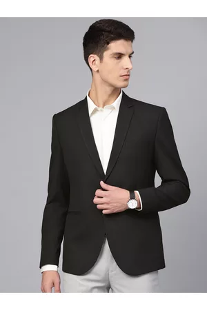 MANQ Men Black Slim Fit Solid Single Breasted Formal Blazer