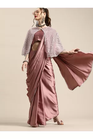 Tikhi Imli Trendy Mauve Sleek Poly Crepe Saree with Embellished Border & Cape