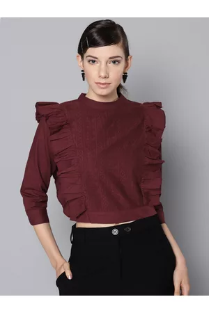 STREET 9 Women Maroon Lace Detail Victorian Crop Pure Cotton Top