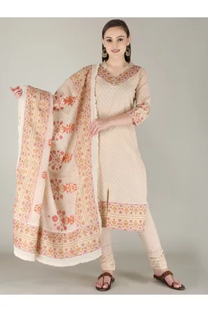Kalini Women Beige Ethnic Motifs Yoke Design Regular Pure Cotton Kurta with Churidar & With Dupatta