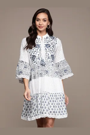 Ishin White & Navy Blue Floral Embroidered Tie-Up Neck A-Line Dress