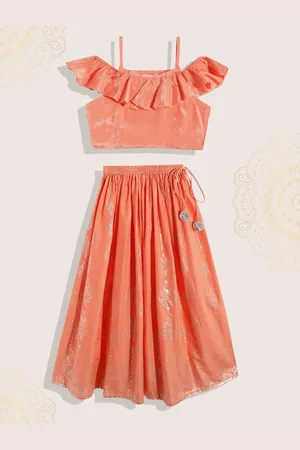 Biba Girls Orange & Gold-Toned Ethnic Print Ready to Wear Lehenga & Blouse
