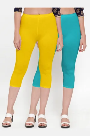 Jinfo Women Yellow & Blue Set Of 2 Solid Cotton Slim Fit Capris