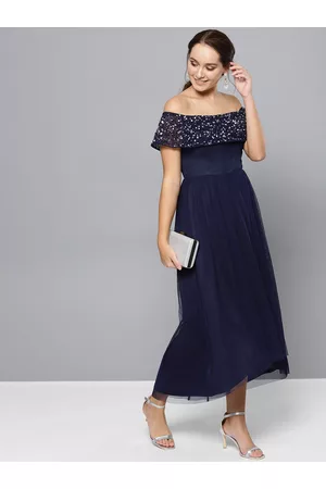 STREET 9 Women Navy Blue Embellished Detail Off-Shoulder Maxi Dress