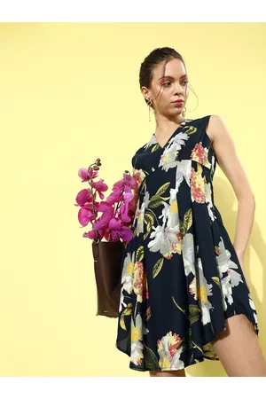 KASSUALLY Women Deep Navy Blue Floral Volume Play Dress