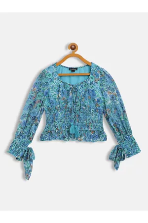 Antheaa Multicoloured Floral Print Smocked Georgette Crop Top