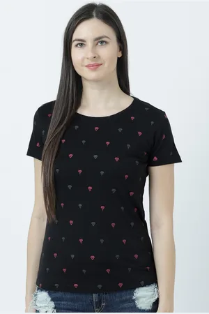 Huetrap Women Black Printed Round Neck T-shirt