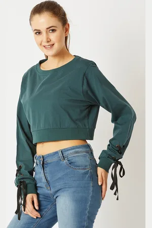 Miss Chase Women Green Solid Cropped Pure Cotton Top