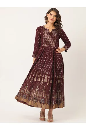 Maaesa Women Maroon & Golden Gotta Patti Work Printed A-Line Dress