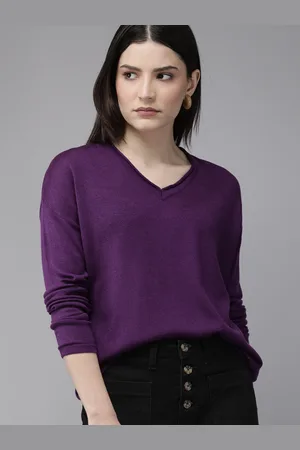 Roadster Women Self Designed Purple Pullover Sweater