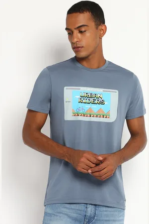 Lee Men Stone Blue Typography Printed Applique Slim Fit T-shirt
