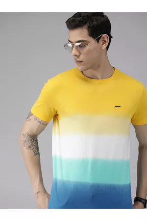 The Bear House Men Yellow & Blue Pure Cotton Tie and Dye Printed Slim Fit T-shirt