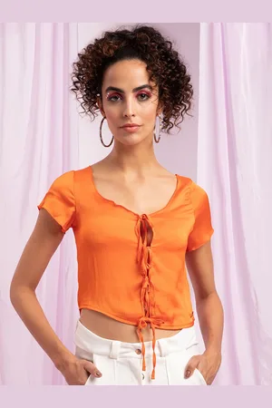 KENDALL + KYLIE Women Orange Tie-Up Neck Top