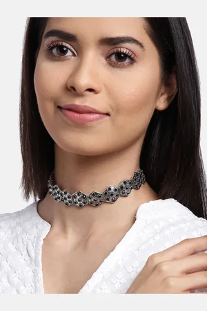 Kord Store Silver-Toned & Black Oxidised Stone Studded Necklace