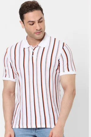 Celio Men White Peach Coloured Vertical Striped Polo Collar Cotton Pure Cotton T-shirt