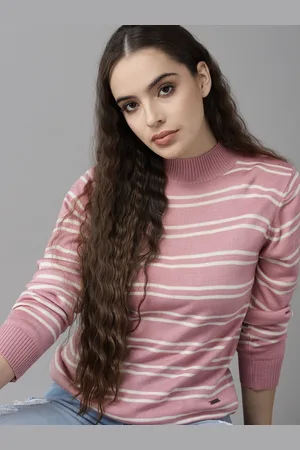 Roadster Women Pink & Off White Striped Pullover