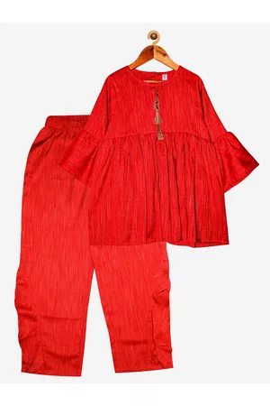 KiddoPanti Girls Red Striped Kurta & Pyjamas