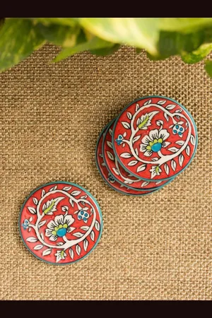 ExclusiveLane Red White 4 pieces Hand-Painted Ceramic Coaster Set
