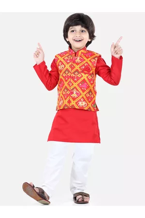 BownBee Boys Red Printed Regular Kurta with Pyjamas & Jacket