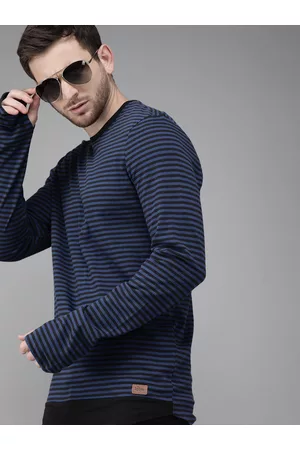 Roadster Men Long Sleeve - Men Navy Blue Black Striped Round Neck Pure Cotton T-shirt