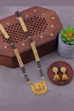 Brandsoon Gold-Plated Black Beaded Mangalsutra With Earring