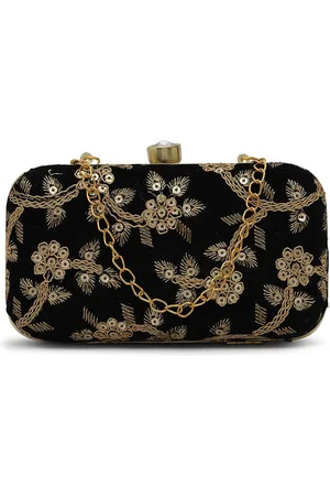 gaura pakhi Black & Gold-Toned Embroidered Purse Clutch