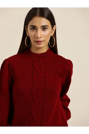 Invictus Women Rust Red Puff Sleeved Self Design Pullover