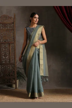 Triyah Blue & Gold-Toned Zari Pure Cotton Saree