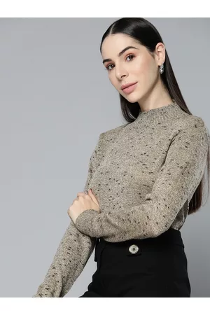 Chemistry Women Beige High-Neck Speckled Pullover Sweater