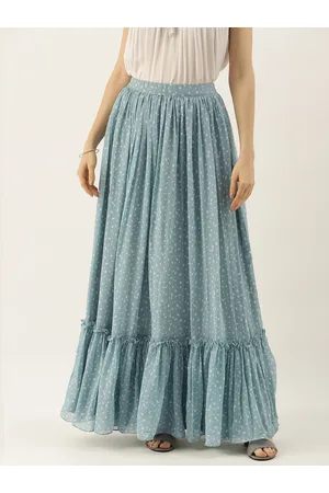 Ethnovog Women Made To Measure Blue Printed Georgette Tiered Maxi Skirt
