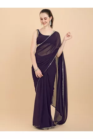 Women Wine Embroidered Georgette Saree with Net Blouse Piece–