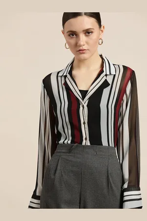 Invictus Women Black & Grey Striped Semi Sheer Casual Shirt