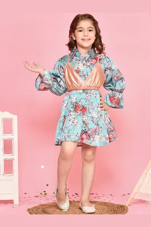 LilPicks Girls Blue & White Floral Printed Shirt Dress with Shimmer Crop Top